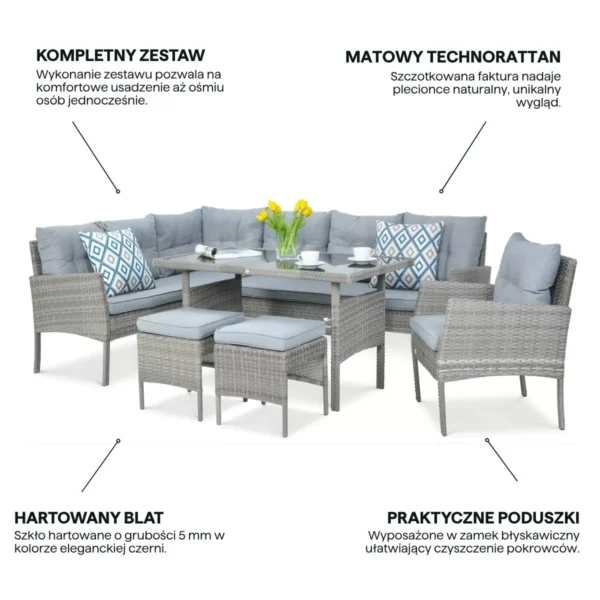 Najważniejsze cechy - Narożnik z technorattanu CORTINA + FOTEL Dolphin Grey Najważniejsze cechy - Narożnik z technorattanu CORTINA + FOTEL Dolphin Grey