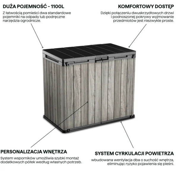 Grafika z cechami produktu organizer do ogrodu SIO Darwin 1150L Storm Grey Keter w szarym kolorze z czarną pokrywą Grafika z cechami produktu organizer do ogrodu SIO Darwin 1150L Storm Grey Keter w szarym kolorze z czarną pokrywą