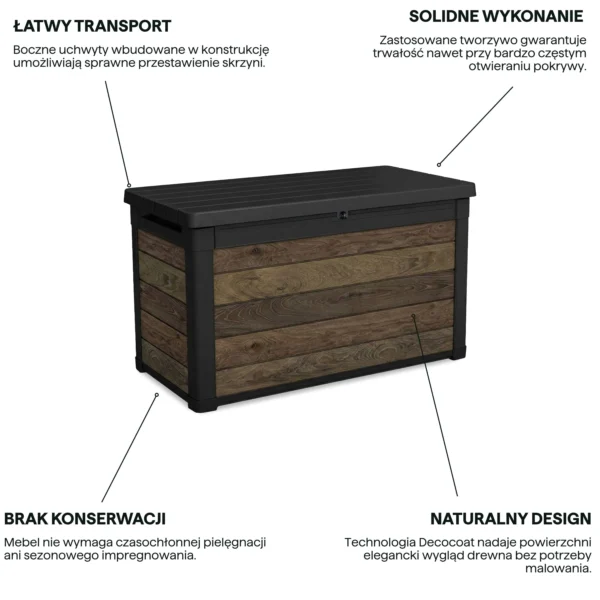 Skrzynia ogrodowa 380L łatwy transport solidne wykonanie grafika cech Skrzynia ogrodowa 380L łatwy transport solidne wykonanie grafika cech