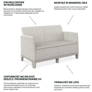 Dwukolorowa sofa ogrodowa Keter Scandi Forma 2 Pebble Grey-Soft Beige/Oat z szarym siedziskiem