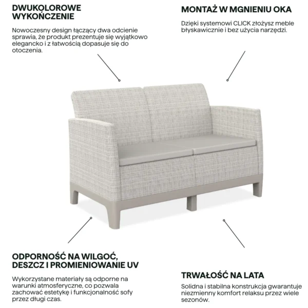 Dwukolorowa sofa ogrodowa Keter Scandi Forma 2 Pebble Grey-Soft Beige/Oat z szarym siedziskiem