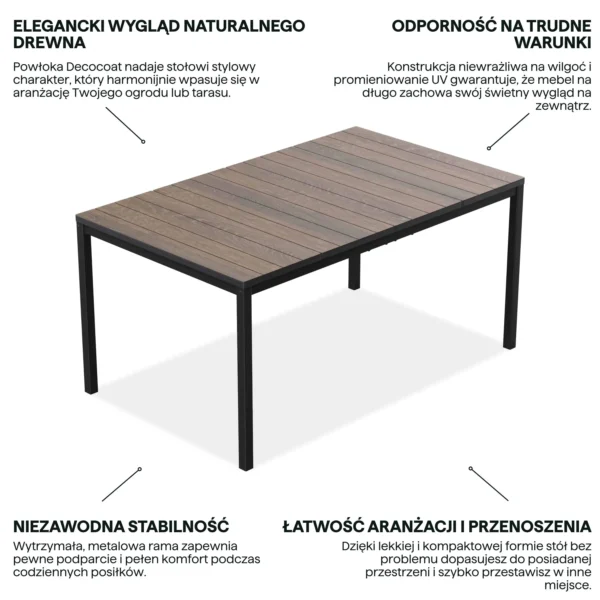 Grafika z cechami produktu stół ogrodowy Keter Deco Porto Nova 160 z blatem w kolorze drewna i czarną metalową ramą Grafika z cechami produktu stół ogrodowy Keter Deco Porto Nova 160 z blatem w kolorze drewna i czarną metalową ramą