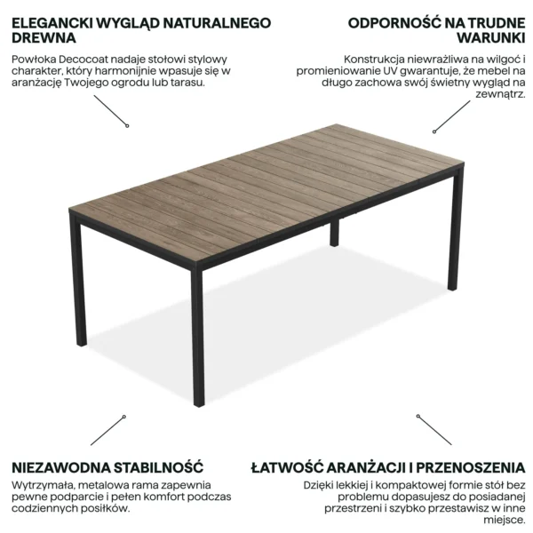 Grafika z cechami produktu stół jadalniany Keter DECO PORTO NOVA 200 z blatem w kolorze drewna i czarną metalową ramą