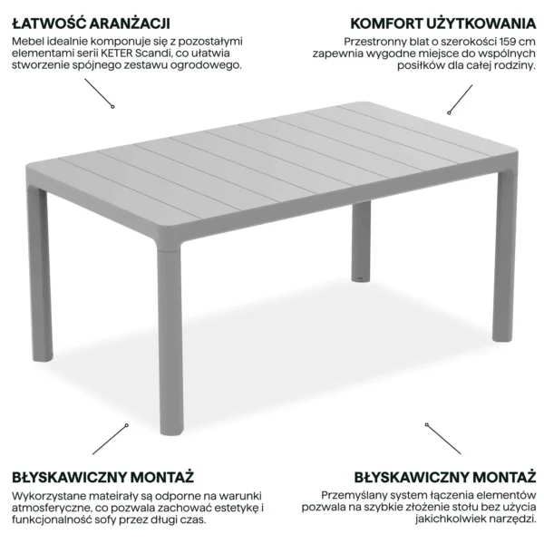 Szary stół ogrodowy SCANDI DINING Storm grey Keter prostokątny blat z czterema nogami Szary stół ogrodowy SCANDI DINING Storm grey Keter prostokątny blat z czterema nogami