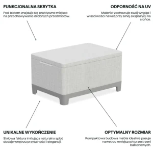 Grafika z cechami produktu przedstawiająca szaro-beżowy stolik kawowy ze schowkiem Keter Scandi storage table Grafika z cechami produktu przedstawiająca szaro-beżowy stolik kawowy ze schowkiem Keter Scandi storage table