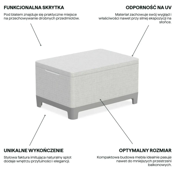 Grafika z cechami produktu przedstawiająca szaro-beżowy stolik kawowy ze schowkiem Keter Scandi storage table Grafika z cechami produktu przedstawiająca szaro-beżowy stolik kawowy ze schowkiem Keter Scandi storage table