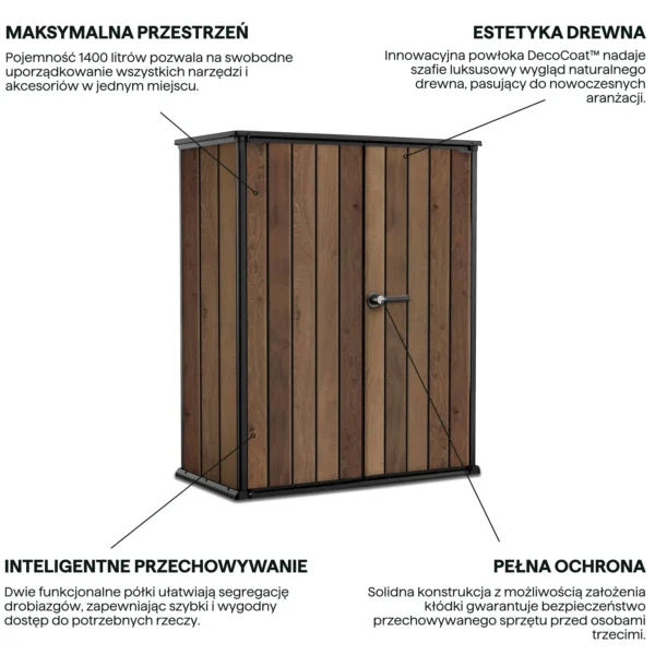 Grafika z cechami produktu szafa ogrodowa Deco Vertical 1400L Walnut Keter w kolorze drewna z czarnymi elementami