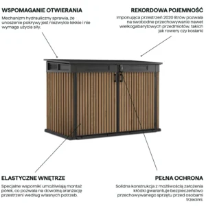 Grafika z cechami produktu szafa wielofunkcyjna Keter Deco Horizontal 2020L Venetian Brown z opisami funkcjonalności