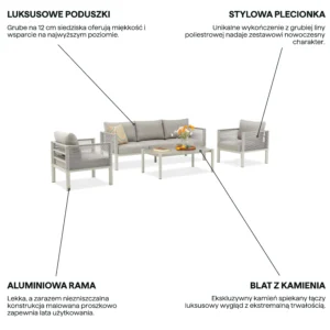 Grafika z cechami produktu zestawu mebli ogrodowych GENEVA PREMIUM Melange Grey Bjørkka z aluminiową ramą oraz liną Grafika z cechami produktu zestawu mebli ogrodowych GENEVA PREMIUM Melange Grey Bjørkka z aluminiową ramą oraz liną