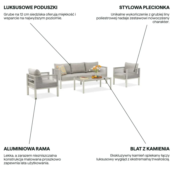 Grafika z cechami produktu zestawu mebli ogrodowych GENEVA PREMIUM Melange Grey Bjørkka z aluminiową ramą oraz liną Grafika z cechami produktu zestawu mebli ogrodowych GENEVA PREMIUM Melange Grey Bjørkka z aluminiową ramą oraz liną