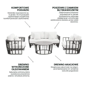 Zalety zestawu ogrodowego z sofą NUVIA CAFFE drewniany ACACIA WOOD - BJORKKA