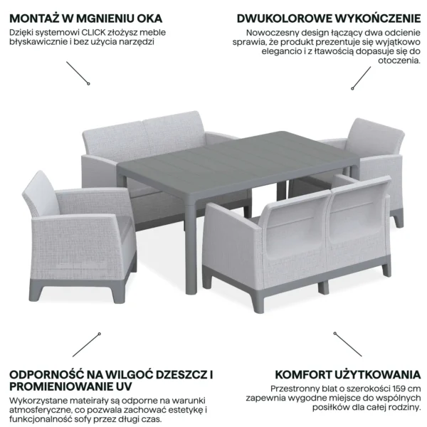 Zestaw mebli ogrodowych Keter Scandi Dining Fiesta w kolorze Ash Grey-Storm Grey / Light Grey ze stolikiem i krzesłami Zestaw mebli ogrodowych Keter Scandi Dining Fiesta w kolorze Ash Grey-Storm Grey / Light Grey ze stolikiem i krzesłami