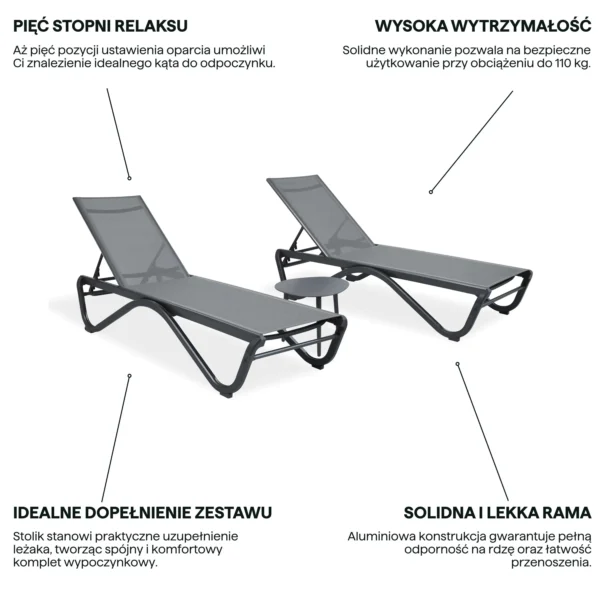 Grafika z cechami produktu zestawu tarasowego AQUALIS 2+1 GREY Bjørkka, prezentująca dwa szare leżaki i stolik Grafika z cechami produktu zestawu tarasowego AQUALIS 2+1 GREY Bjørkka, prezentująca dwa szare leżaki i stolik