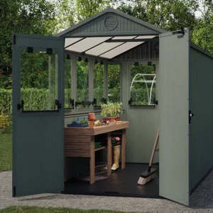 Domek narzędziowy dwa w jednym potting shed z otwartymi drzwiami