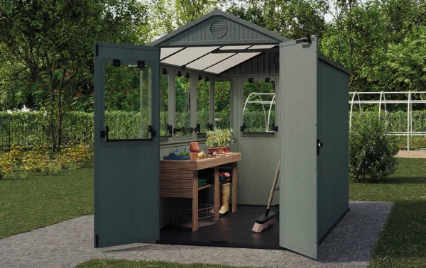 Domek narzędziowy dwa w jednym potting shed z otwartymi drzwiami