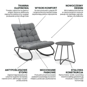 Fotel bujany ogrodowy AGAVA z stolikiem ART Dark Grey w ujęciu z bliska na poduszki