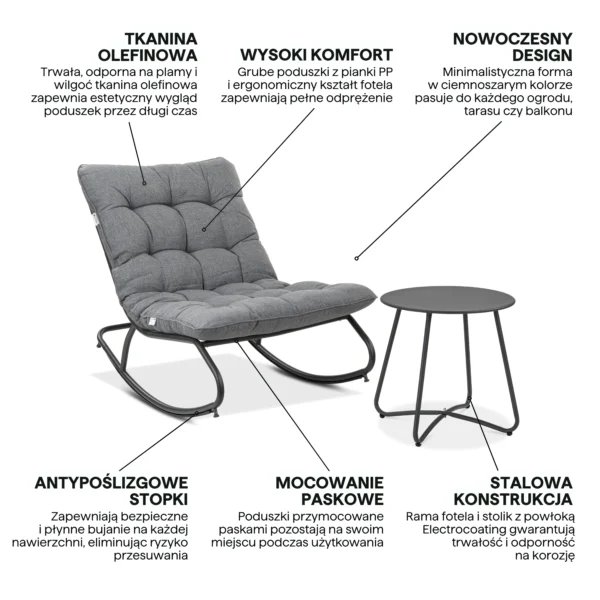 Fotel bujany ogrodowy AGAVA z stolikiem ART Dark Grey w ujęciu z bliska na poduszki