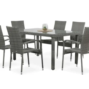 Zestaw mebli technorattanowych FIESTA/VENECJA 6+1 Dolphin Grey ze stołem oraz sześcioma krzesłami na białym tle Zestaw mebli technorattanowych FIESTA/VENECJA 6+1 Dolphin Grey ze stołem oraz sześcioma krzesłami na białym tle