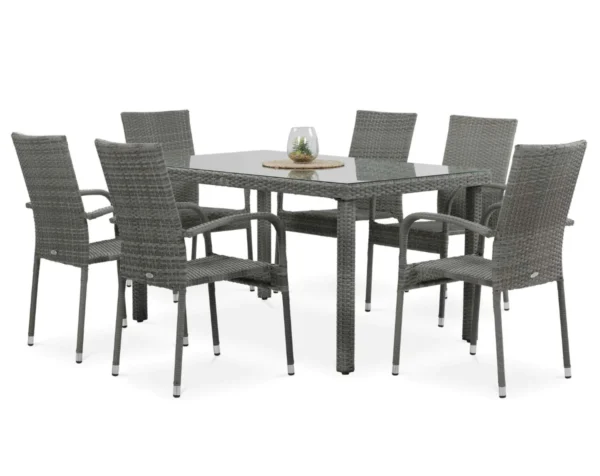 Zestaw mebli technorattanowych FIESTA/VENECJA 6+1 Dolphin Grey ze stołem oraz sześcioma krzesłami na białym tle Zestaw mebli technorattanowych FIESTA/VENECJA 6+1 Dolphin Grey ze stołem oraz sześcioma krzesłami na białym tle
