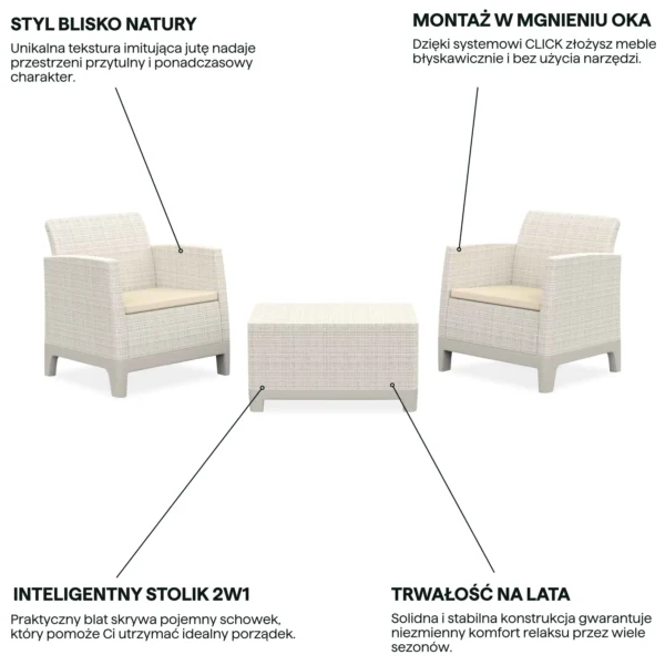 Zestaw mebli balkonowych Keter Scandi Forma w kolorze Pebble Grey-Soft Beige z funkcjonalnym stolikiem 2w1 Zestaw mebli balkonowych Keter Scandi Forma w kolorze Pebble Grey-Soft Beige z funkcjonalnym stolikiem 2w1