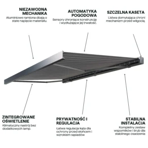 Markiza tarasowa PRIME AUTOMATIC 400x300 GREY/WHITE z oświetleniem LED i czujnikiem wiatru/słońca – Gutroof — zdjęcie wariantu 5 Markiza tarasowa PRIME AUTOMATIC 400x300 GREY/WHITE z oświetleniem LED i czujnikiem wiatru/słońca – Gutroof — zdjęcie wariantu 5