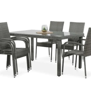 Zestaw mebli technorattanowych Fiesta Venecja 6+1 Dolphin Grey ze stołem i krzesłami na białym tle Zestaw mebli technorattanowych Fiesta Venecja 6+1 Dolphin Grey ze stołem i krzesłami na białym tle