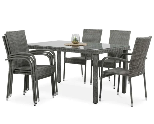 Zestaw mebli technorattanowych Fiesta Venecja 6+1 Dolphin Grey ze stołem i krzesłami na białym tle Zestaw mebli technorattanowych Fiesta Venecja 6+1 Dolphin Grey ze stołem i krzesłami na białym tle