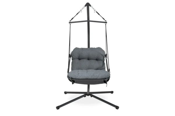 Szary fotel wiszący ORINOKO Grey Bjørkka z miękkimi poduszkami na czarnym metalowym stelażu zawieszony na pasach Szary fotel wiszący ORINOKO Grey Bjørkka z miękkimi poduszkami na czarnym metalowym stelażu zawieszony na pasach