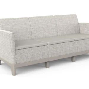 Sofa ogrodowa Scandi Forma Keter jasnoszara z beżowymi poduszkami widoczna z przodu