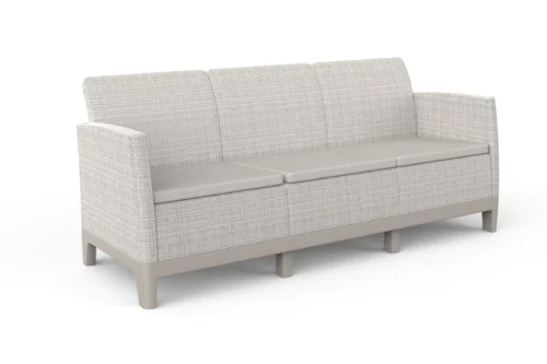 Sofa ogrodowa Scandi Forma Keter jasnoszara z beżowymi poduszkami widoczna z przodu Sofa ogrodowa Scandi Forma Keter jasnoszara z beżowymi poduszkami widoczna z przodu