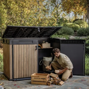Mężczyzna układający drewno obok szafy wielofunkcyjnej Deco Horizontal 2020L Venetian Brown Keter z otwartymi drzwiami i wiekiem