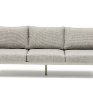 Trzyosobowa sofa z zestawu mebli ogrodowych Geneva Premium Melange Grey w kolorze szarym z podłokietnikami wykończonymi liną Trzyosobowa sofa z zestawu mebli ogrodowych Geneva Premium Melange Grey w kolorze szarym z podłokietnikami wykończonymi liną