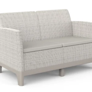 Dwuosobowa sofa Keter SCANDI DINING FIESTA w kolorze Pebble Grey-Soft Beige z jasnymi poduszkami
