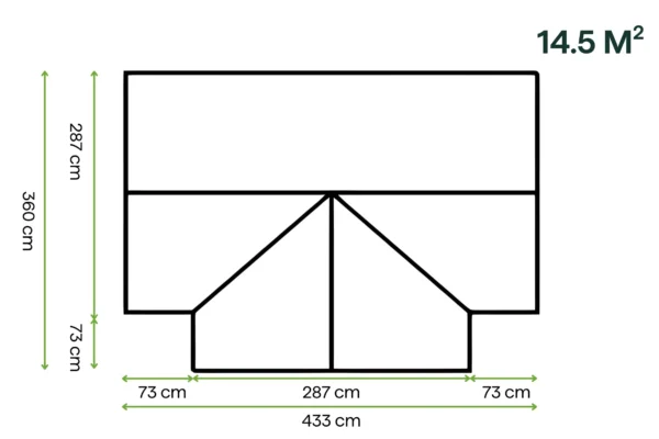 Ogród zimowy TRIBECA Black 433x360cm PC + Glass – Gutroof — wymiary produktu