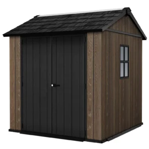 Domek narzędziowy Keter DECO APEX 757/775 imituje drewno, posiada czarne drzwi i okno Domek narzędziowy Keter DECO APEX 757/775 imituje drewno, posiada czarne drzwi i okno