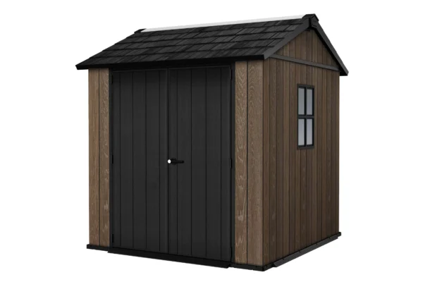 Domek narzędziowy Keter DECO APEX 757/775 imituje drewno, posiada czarne drzwi i okno Domek narzędziowy Keter DECO APEX 757/775 imituje drewno, posiada czarne drzwi i okno