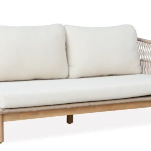 Dwuosobowa sofa ogrodowa z jasnymi poduszkami i plecionym oparciem packshot produktu