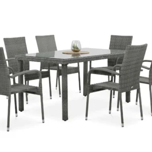 Zestaw mebli technorattanowych Fiesta/Venecja 6+1 Dolphin Grey ze stołem i sześcioma krzesłami na białym tle Zestaw mebli technorattanowych Fiesta/Venecja 6+1 Dolphin Grey ze stołem i sześcioma krzesłami na białym tle