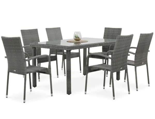 Zestaw mebli technorattanowych Fiesta/Venecja 6+1 Dolphin Grey ze stołem i sześcioma krzesłami na białym tle Zestaw mebli technorattanowych Fiesta/Venecja 6+1 Dolphin Grey ze stołem i sześcioma krzesłami na białym tle