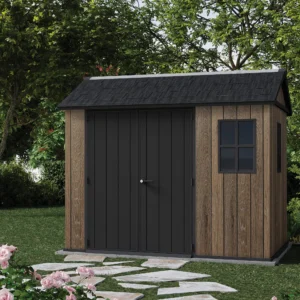 Domek narzędziowy Keter DECO APEX 759/975 w kolorze orzechowym z czarnymi drzwiami i oknem Domek narzędziowy Keter DECO APEX 759/975 w kolorze orzechowym z czarnymi drzwiami i oknem