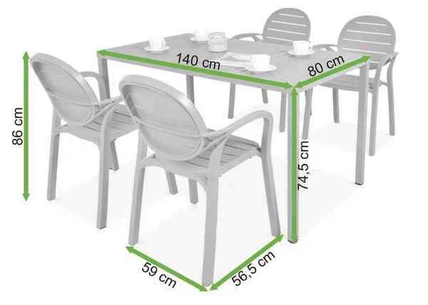 Komplet ogrodowy Nardi PALMA/CUBE 140 4+1 Bianco Tortora — wymiary produktu
