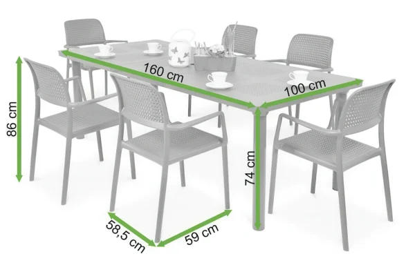 Meble ogrodowe Nardi BORA/LIBECCIO 160-220cm 6+1 Tortora — wymiary produktu