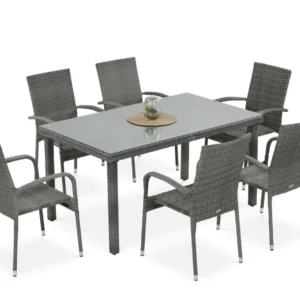 Zestaw mebli technorattanowych FIESTA/VENECJA 6+1 Dolphin Grey z prostokątnym stołem i szarymi krzesłami na białym tle Zestaw mebli technorattanowych FIESTA/VENECJA 6+1 Dolphin Grey z prostokątnym stołem i szarymi krzesłami na białym tle