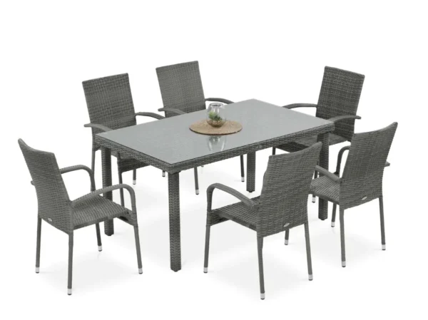 Zestaw mebli technorattanowych FIESTA/VENECJA 6+1 Dolphin Grey z prostokątnym stołem i szarymi krzesłami na białym tle Zestaw mebli technorattanowych FIESTA/VENECJA 6+1 Dolphin Grey z prostokątnym stołem i szarymi krzesłami na białym tle