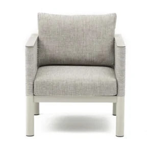 Fotel z zestawu mebli ogrodowych GENEVA PREMIUM Melange Grey Bjørkka z szarymi poduszkami i aluminiową konstrukcją w widoku przód Fotel z zestawu mebli ogrodowych GENEVA PREMIUM Melange Grey Bjørkka z szarymi poduszkami i aluminiową konstrukcją w widoku przód