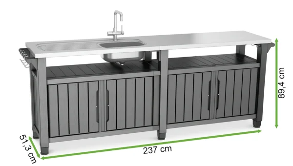 Barek schowek ogrodowy UNITY CHEF 415L Graphite – Keter — wymiary produktu Barek schowek ogrodowy UNITY CHEF 415L Graphite – Keter — wymiary produktu
