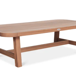 Stół kawowy z drewna akacjowego SKALA CAFFE Acacia Wood - Bjørkka z logo marki na blacie