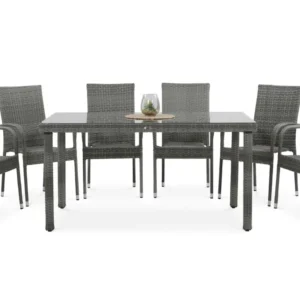 Zestaw mebli technorattanowych Fiesta/Venecja 6+1 Dolphin Grey z prostokątnym stołem i sześcioma krzesłami na białym tle Zestaw mebli technorattanowych Fiesta/Venecja 6+1 Dolphin Grey z prostokątnym stołem i sześcioma krzesłami na białym tle