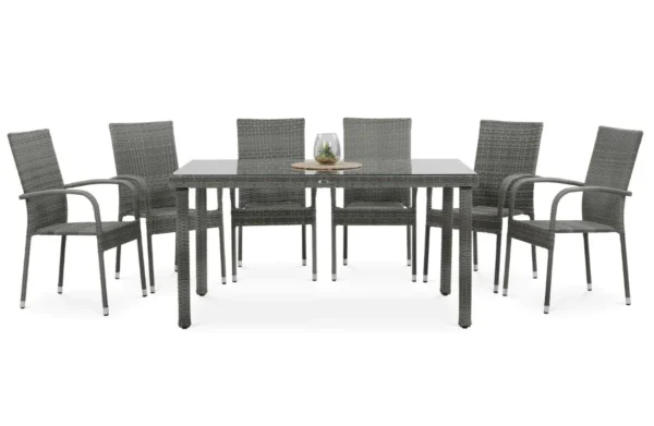 Zestaw mebli technorattanowych Fiesta/Venecja 6+1 Dolphin Grey z prostokątnym stołem i sześcioma krzesłami na białym tle Zestaw mebli technorattanowych Fiesta/Venecja 6+1 Dolphin Grey z prostokątnym stołem i sześcioma krzesłami na białym tle