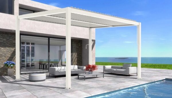 Pergola tarasowa Luxe 3 × 4 m, wys. 2,3 m – biała – aranżacja Pergola tarasowa Luxe 3 × 4 m, wys. 2,3 m – biała – aranżacja